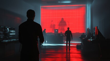 Silhouetted figures in a futuristic command center, observing a large red screen displaying a cryptic symbol.
