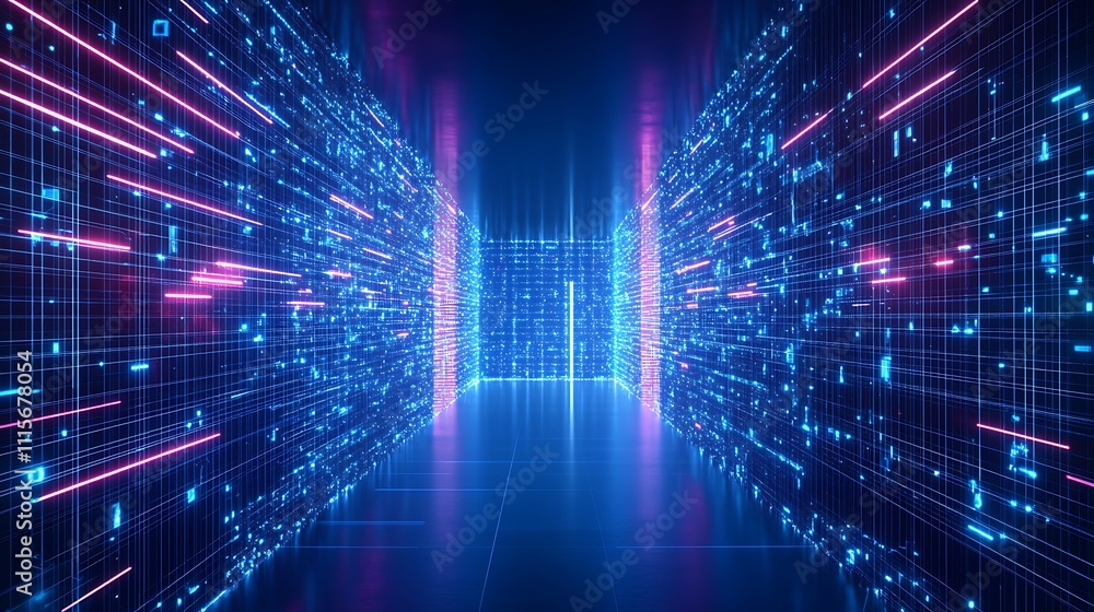 Poster futuristic digital corridor with neon lights and streaming data flowing across a high-tech backgroun