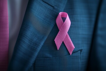 A close-up of a pink ribbon pinned on a suit jacket lapel, symbolizing solidarity in the fight against breast cancer, with subtle depth of field.