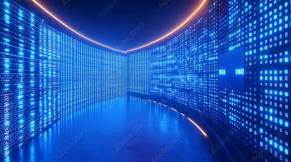 Poster futuristic digital data room with blue lights and glowing lines in a curved design setting