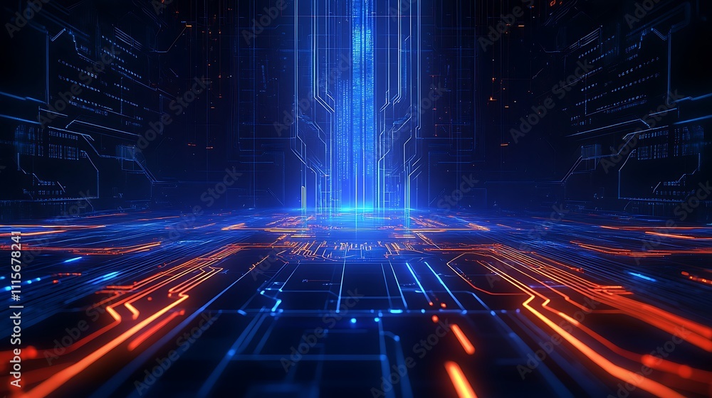 Poster futuristic digital environment with bright neon lines and data streams in a high-tech space