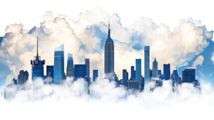 Evolution technology virtual reality concept. Skyline illustration featuring clouds and prominent buildings in blue tones.
