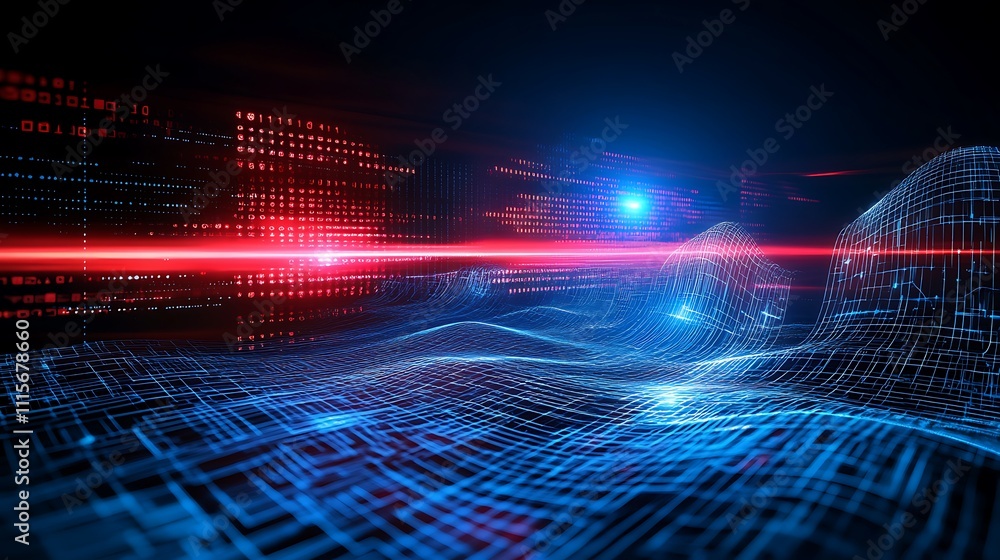 Aufkleber futuristic digital landscape with blue and red lights displaying data and information flow in cyber 