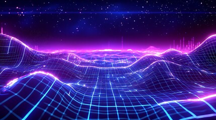 Futuristic Digital Landscape with Abstract Waves and Stars in Deep Space Background