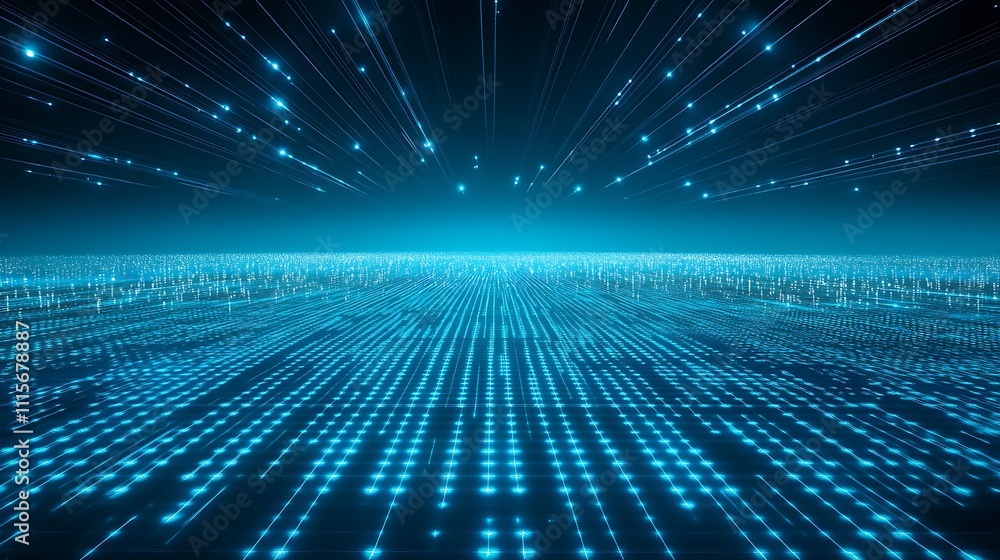 Poster futuristic digital landscape with blue light rays and grid pattern representing technology and innov