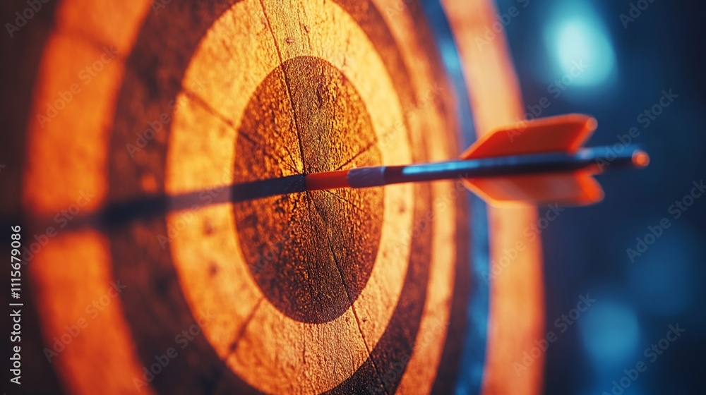 Poster a close-up of a dart embedded in the center of a target.