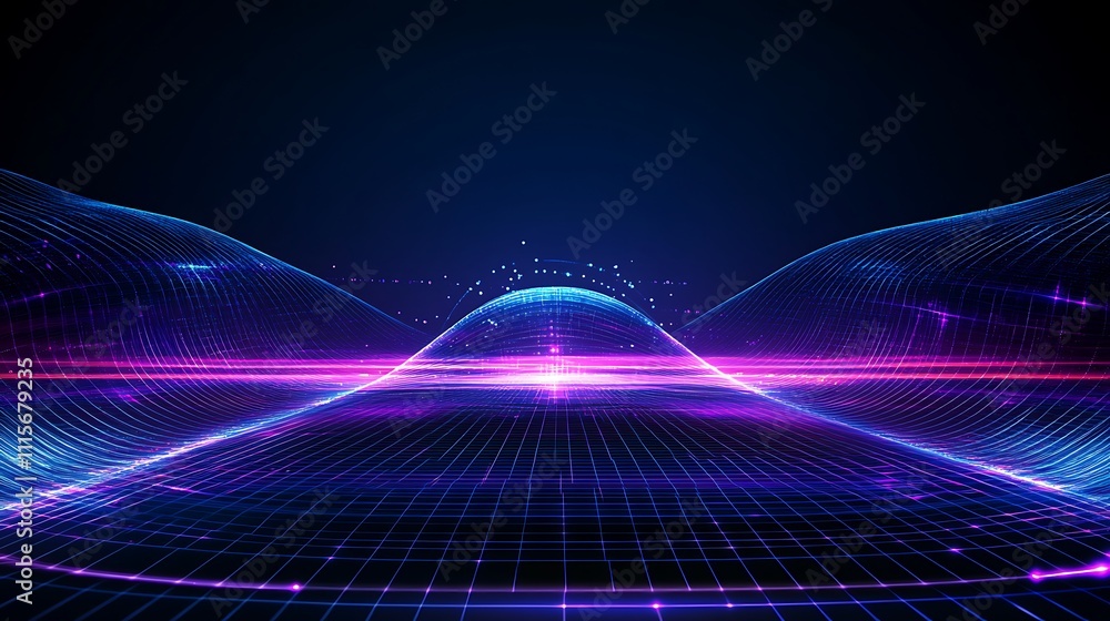 Poster futuristic digital landscape with colorful lines and waves in a dark background for technology and s