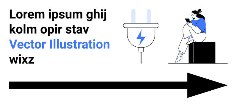 Female sitting on box using tablet near electric plug and large arrow. Placeholder text in black and blue. Ideal for technology, digital content, website design, innovation, marketing, user