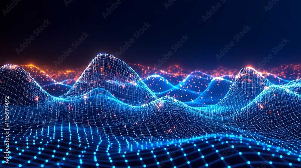 Poster futuristic digital landscape with glowing grid and colorful particles in an abstract 3d environment
