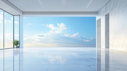 Fototapeta premium Elegant white architectural building with abstract design, positioned against a stunning city skyline and ocean view. The minimalist background, clean ground, and expansive sky create a perfect settin