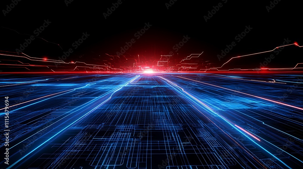 Poster futuristic digital landscape with glowing lines and abstract technology concepts in blue and red col
