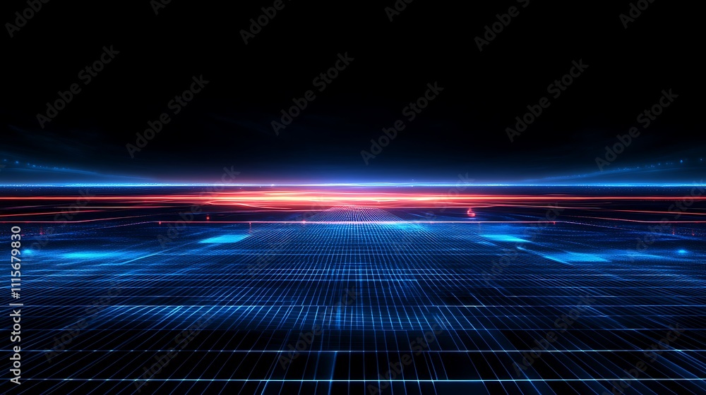 Poster futuristic digital landscape with glowing lines and grids in a dark atmospheric setting