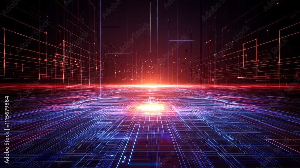 Poster futuristic digital landscape with glowing lines and light rays in blue and red tones creating a tech