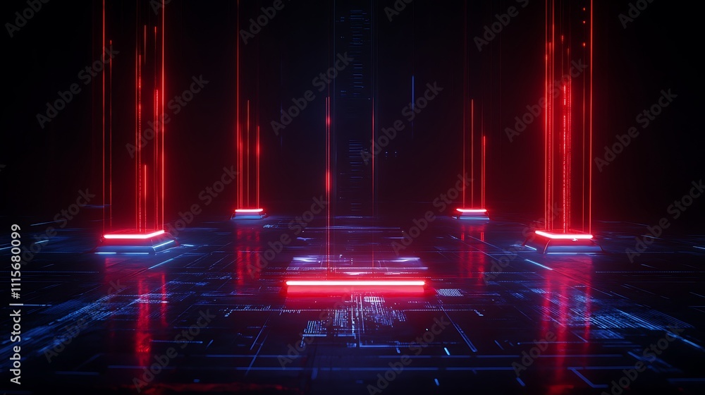 Poster futuristic digital landscape with glowing red columns and circuit patterns in a dark environment