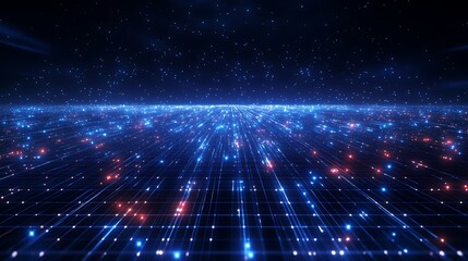 Obraz premium Futuristic Digital Landscape with Glowing Particles and Grid in a Cosmic Space Environment at Night