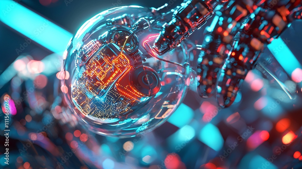 Poster robotics with automation industry concept. futuristic robot hand holding a glowing sphere