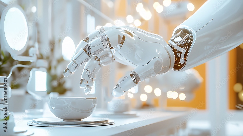Poster robotics with automation industry concept. robotic hand reaching for a ceramic bowl on table
