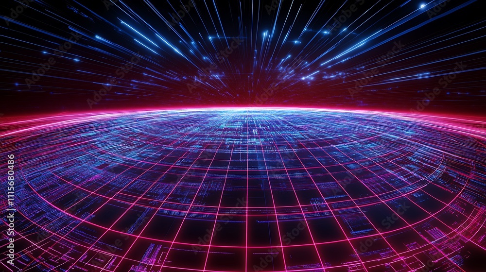 Poster futuristic digital landscape with light rays and neon grid patterns in space environment