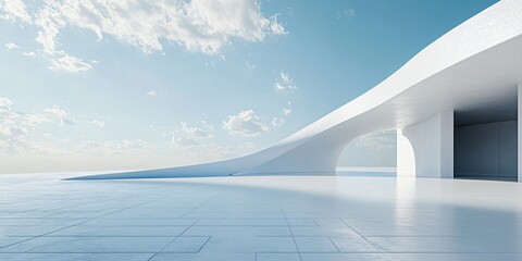 Obraz premium Elegant white architectural building with abstract design, positioned against a stunning city skyline and ocean view. The minimalist background, clean ground, and expansive sky create a perfect settin