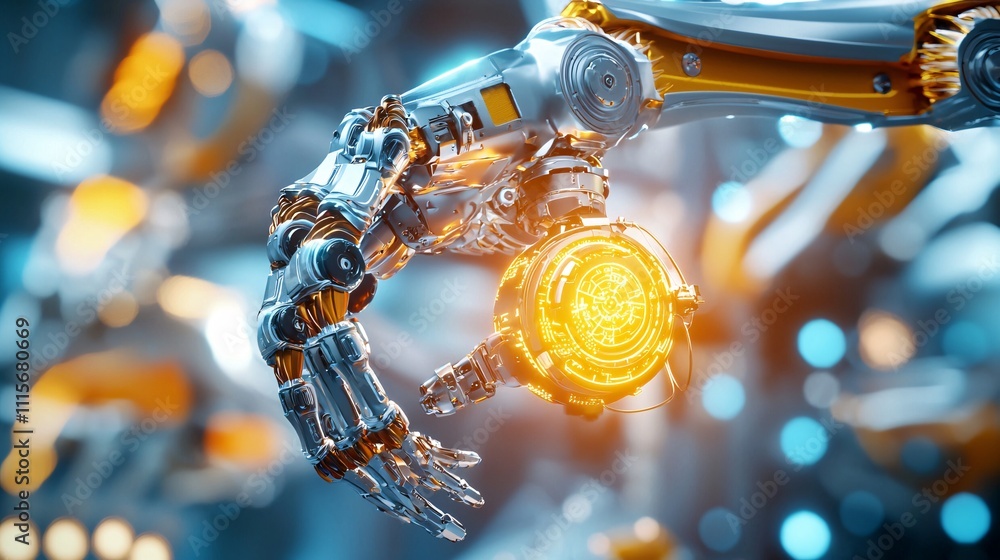 Poster robotics with automation industry concept. futuristic robot hand with glowing technology sphere