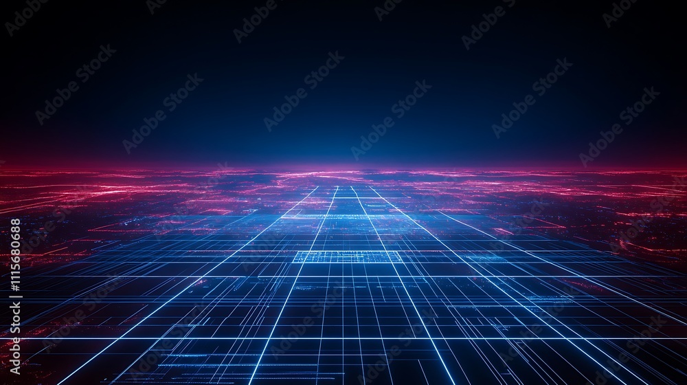 Poster futuristic digital landscape with neon grid and abstract technology visualization in dark environmen