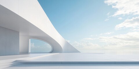 Obraz premium Elegant white architectural building with abstract design, positioned against a stunning city skyline and ocean view. The minimalist background, clean ground, and expansive sky create a perfect settin