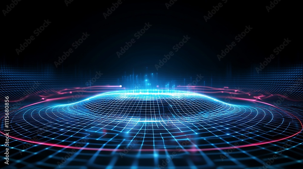 Poster futuristic digital landscape with neon grid and glowing particles vibrating in a dark space backgrou