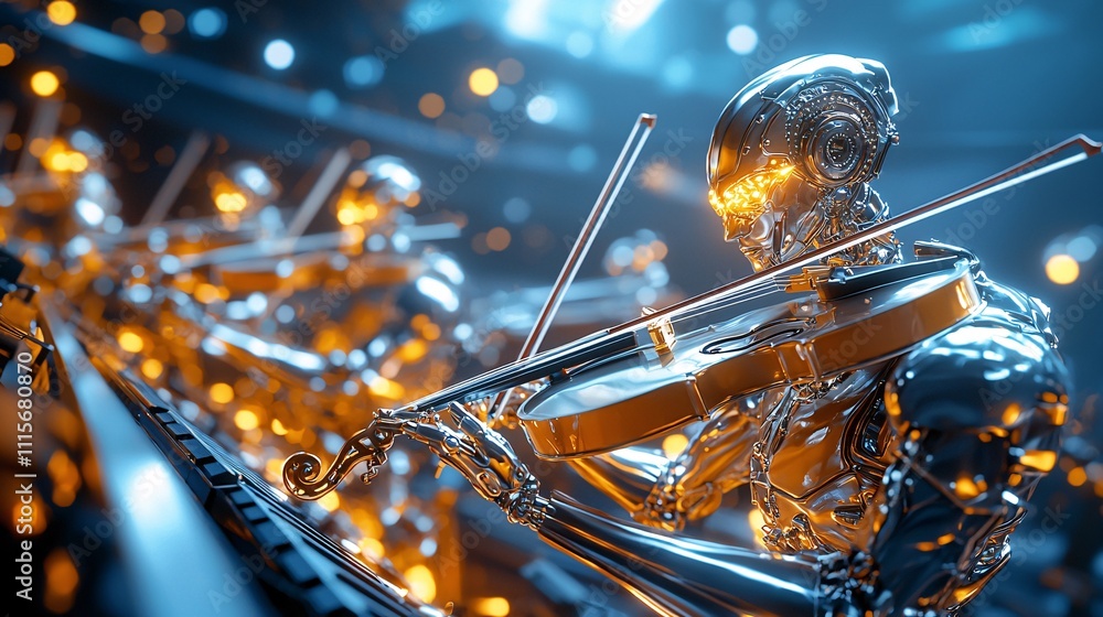 Poster robotics with automation industry concept. futuristic robots playing violin in neon lights