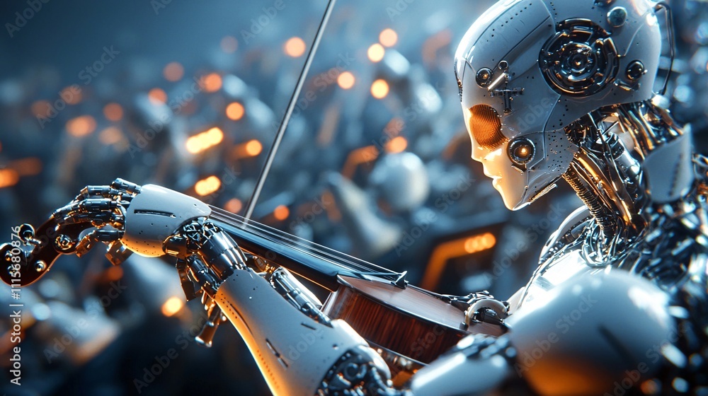 Aufkleber robotics with automation industry concept. futuristic robot playing violin in digital symphony