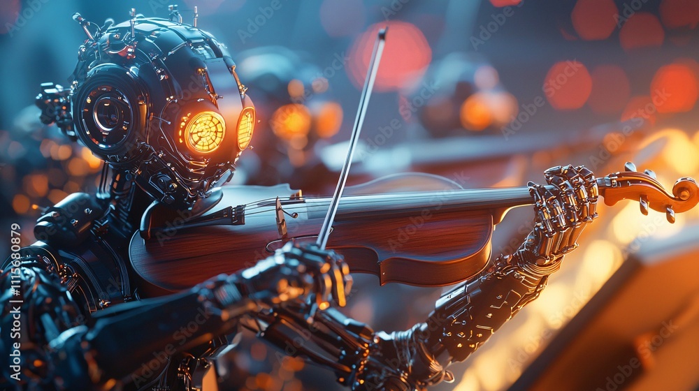 Aufkleber robotics with automation industry concept. robot playing violin in futuristic orchestra scene