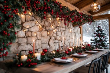 Fototapeta premium Cozy rustic dining room decorated for a festive holiday gathering with natural elements and warm ambiance