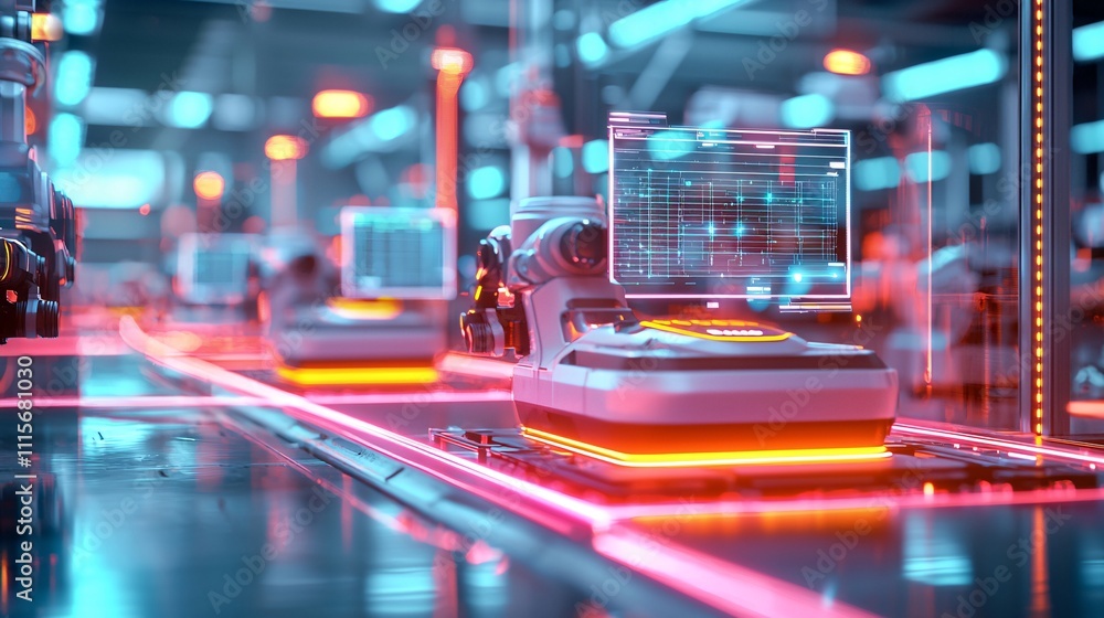 Aufkleber robotics with automation industry concept. futuristic robotic assembly line with neon lights