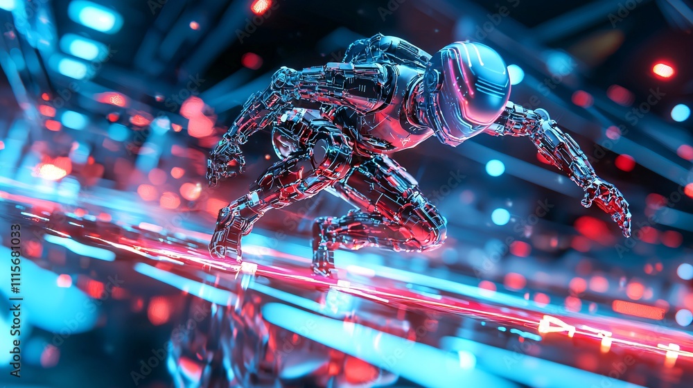 Poster robotics with automation industry concept. futuristic robot in neon digital landscape