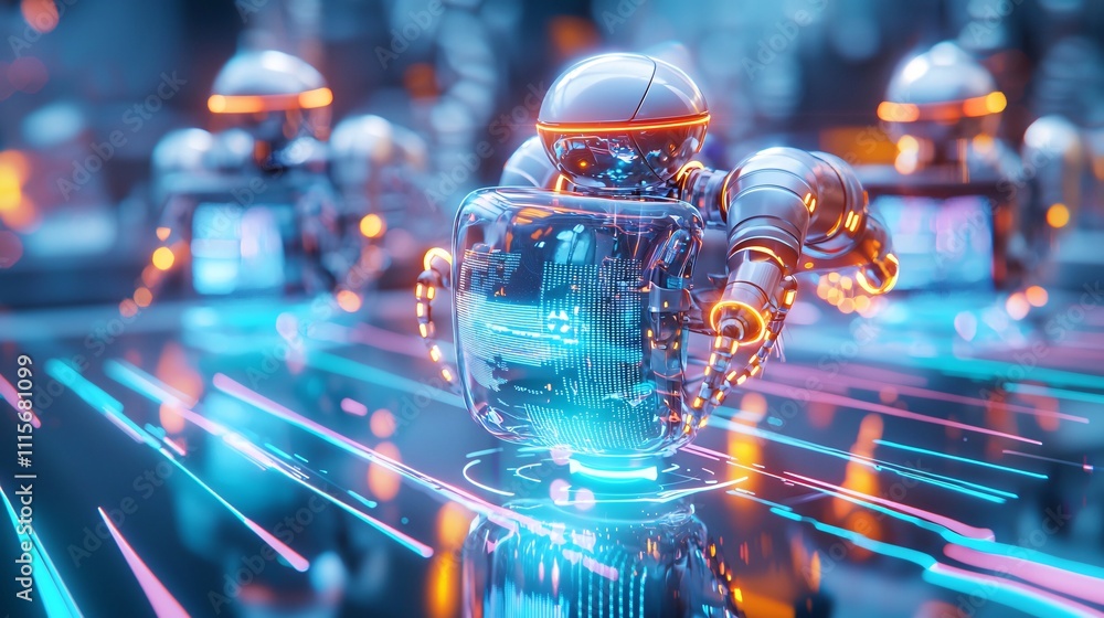 Poster robotics with automation industry concept. futuristic robots with neon lights in cyber world