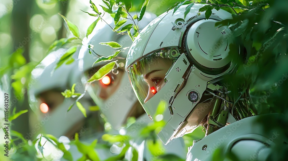 Poster robotics with automation industry concept. futuristic robots hidden among lush greenery