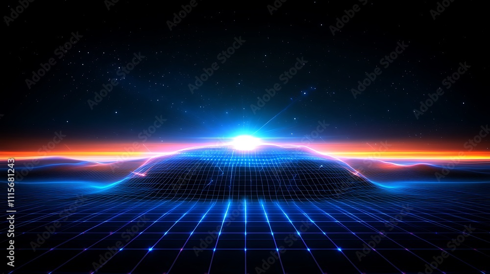 Poster futuristic digital landscape with neon light and grid pattern on horizon in abstract style
