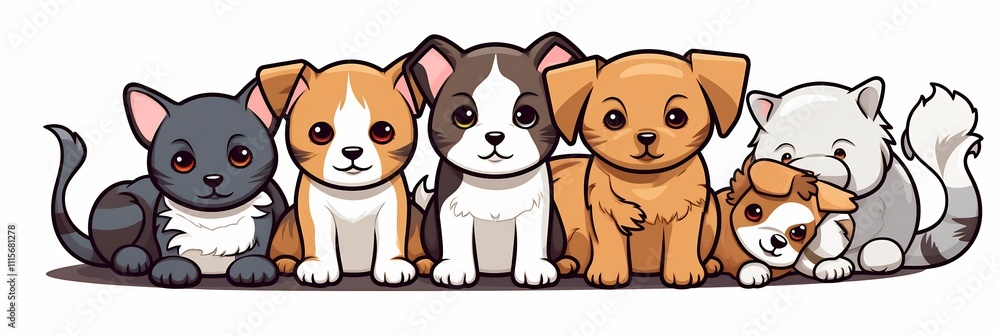 Poster cute kittens puppies playing with toys in a cheerful setting soft pastel colors and a cartoon design