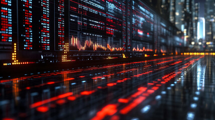 Fototapeta premium Dynamic financial data visualization in a futuristic city skyline at night showcasing stock market trends and graphs. Generative AI