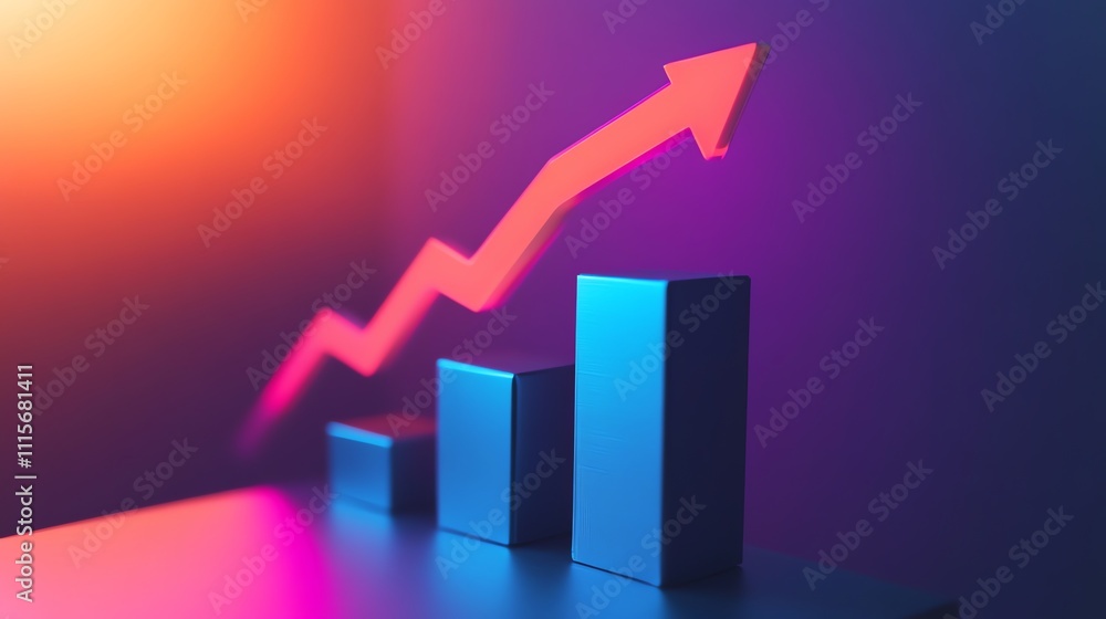 Poster a 3d render of a blue bar chart with a red arrow pointing upward.