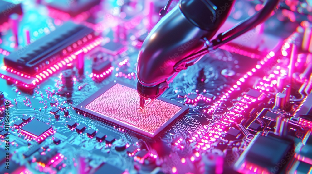 Poster robotics with automation industry concept. futuristic circuit board with neon lighting effects