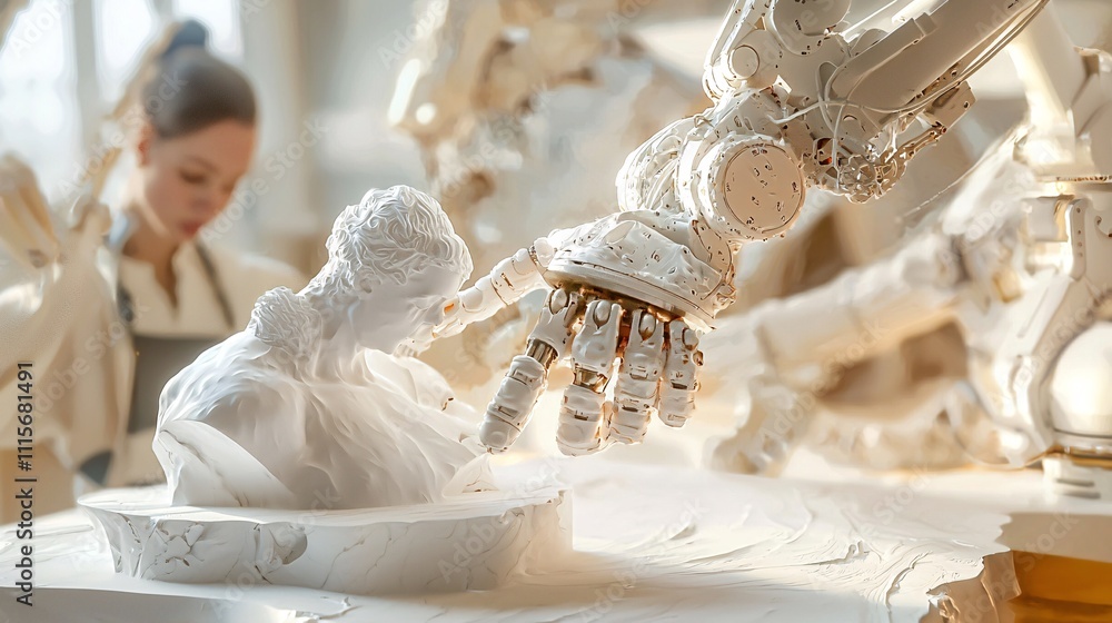 Poster robotics with automation industry concept. robotic hand sculpting figure in artistic studio
