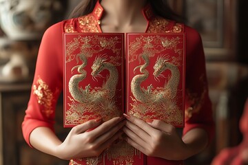 Woman Holding Red Dragon Design Object

