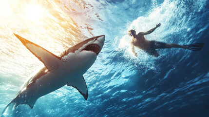 Obraz premium a man diving while being chased by a shark