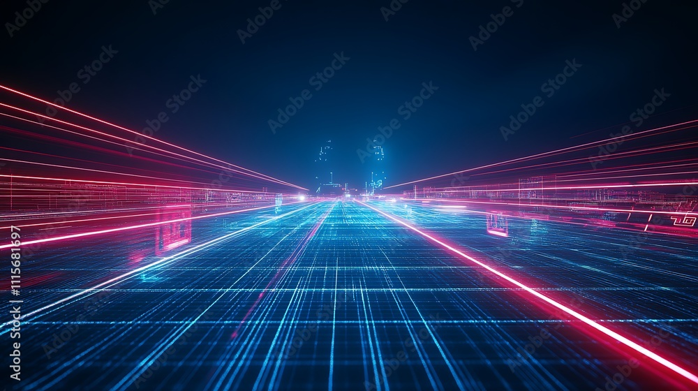 Poster futuristic digital landscape with neon lights and data streams in a cyberpunk style environment