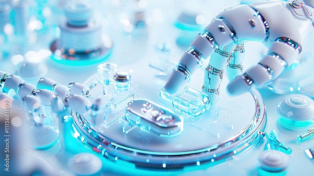 Aufkleber robotics with automation industry concept. robotic hand interacting with futuristic control panel