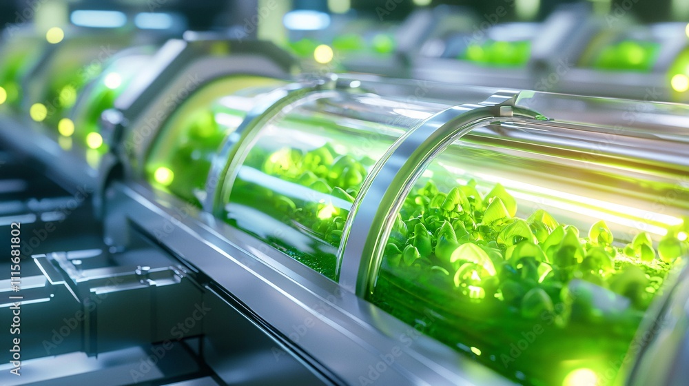 Poster robotics with automation industry concept. futuristic laboratory with green plants in containers