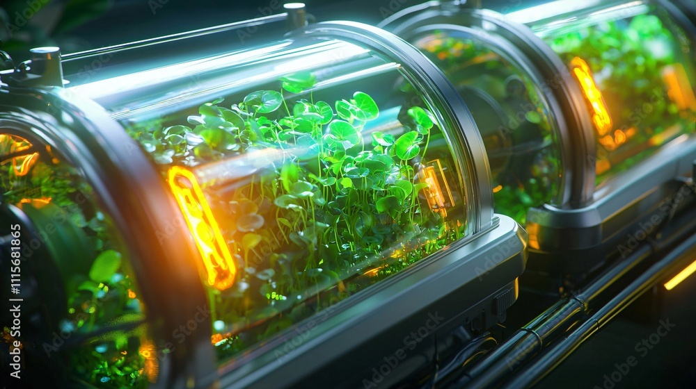 Poster robotics with automation industry concept. futuristic hydroponic systems with vibrant greenery