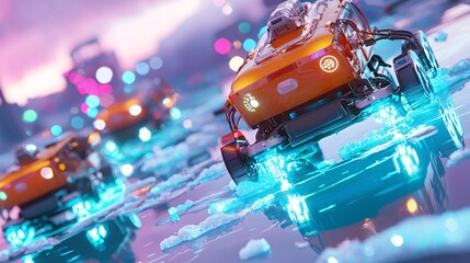 Naklejka premium Robotics with Automation Industry Concept. Futuristic Electric Vehicle in Neon Environment