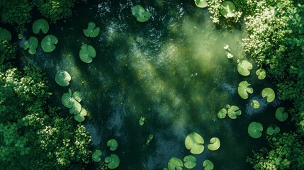 Fototapeta premium Lush Green Pond Aquatic Plants Nature Background Tranquil Scene Aerial View Serenity Summer Water