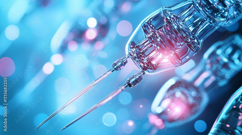 Poster robotics with automation industry concept. futuristic robotic arm with precision needles and glow